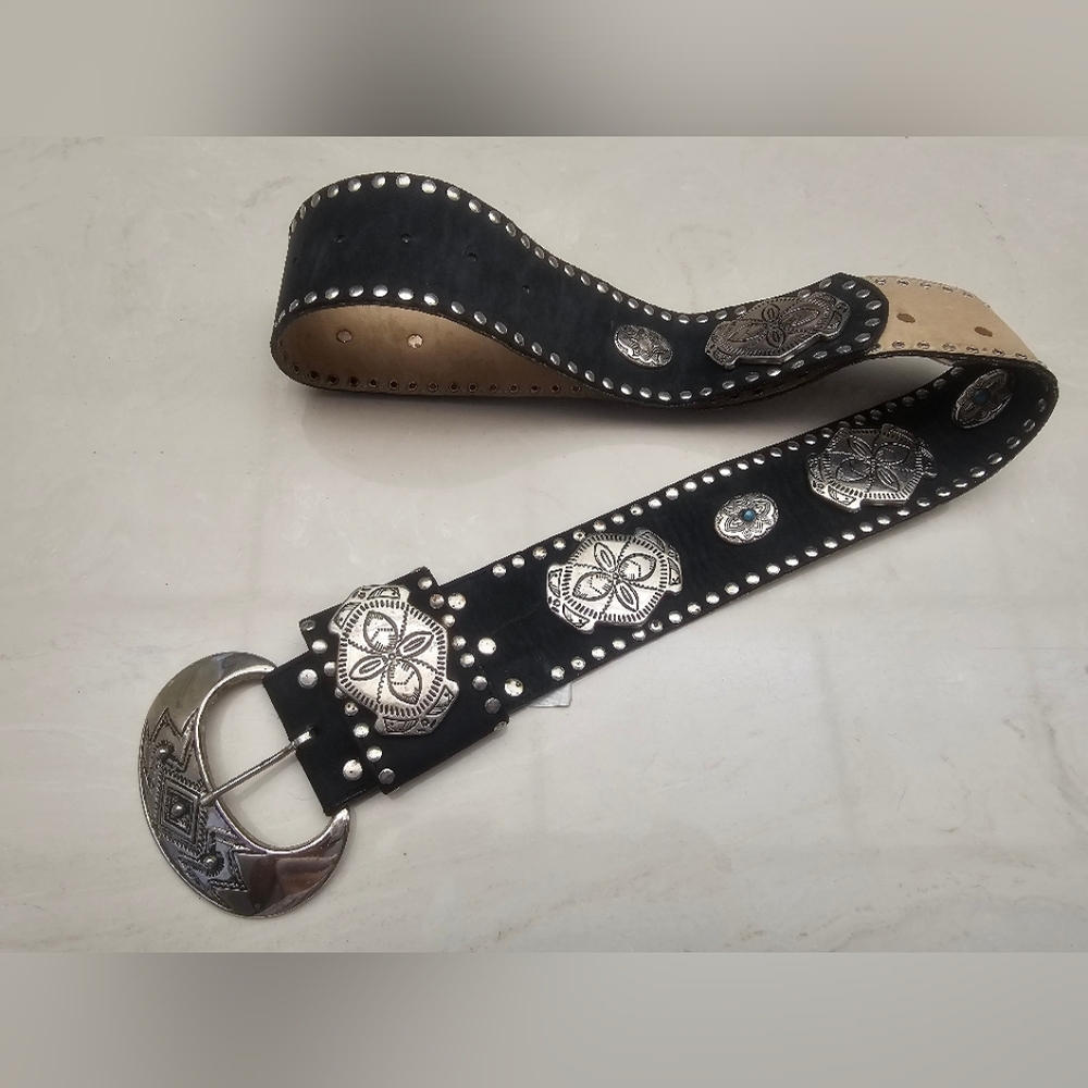 Black Leather Belt with Silver Accents